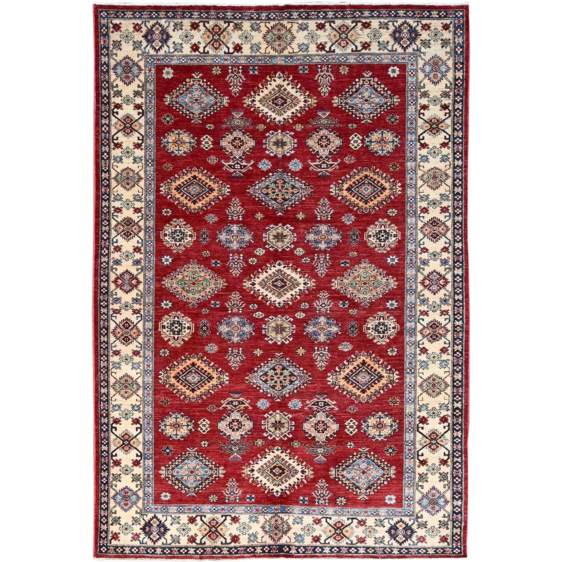 Fire Brick Red, Afghan Tribal Super Kazak With All Over Medallions, Natural Dyes, Soft and Velvety Pure Wool, Hand Knotted, Oriental Rug 
